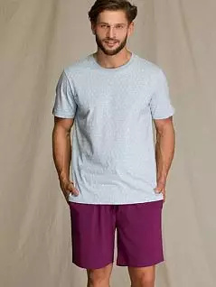 Мужская пижама (узорная футболка и однотонные шорты с карманами) KEY BT-810 A21 св. Синий + фиолетовый