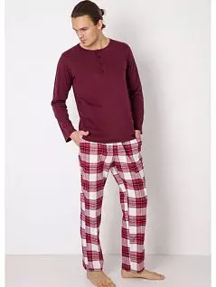 Пижама (Однотонный лонгслив с планкой на пуговицах и фланелевые брюки в клетку) Aruelle BT-NELLY/NAILA/NICHOLAS/NATHAN Красный + белый