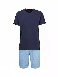 Пижама из натурального хлопка и однотонной футболки и шорт с узором сине-голубого цвета Tom Tailor RT71070/5609