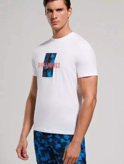 Тонкая футболка с разноцветным принтом белого цвета Bikkembergs BKK3MTS03cWhite Тонкая футболка с разноцветным принтом белого цвета Bikkembergs BKK3MTS03cWhite