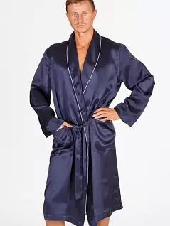 Шикарный мужской шелковый халат с белой окантовкой синего цвета PJ-B&B_1502