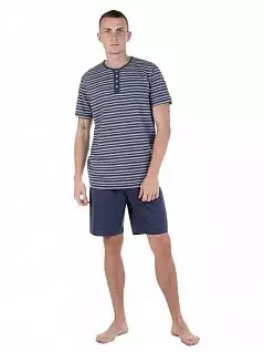 Мужская пижама из хлопка и полиэстра (футболка в полоску и шорты однотонные) синего цвета Tom Tailor RT71061/5624