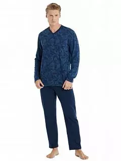 Пижама из футболки с длинным рукавом с узором и брюк прямого силуэта LTBS30957 BlackSpade темно-синий