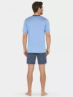 Гипоаллергеннная пижама (Футболка застежкой на две пуговицы и шорты с мелким цветочным принтом) сине-голубого цвета Impetus FM-1435K39-K16