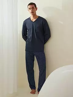 Мужская пижама свободного кроя (лонгслив с V-образным вырезом и брюки на манжетах) темно-синего цвета CALIDA  48462c479