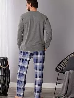 Хлопковая пижама из лонгслива с кармашком в тон брюк с боковыми карманами KEY BT-430 B21 Серый + синий