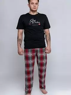Привлекательная пижама из футболки с принтом в виде надписи и брюк в клетку Sensis BT-K/O/J Черный + бордо