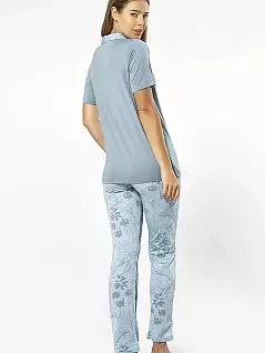 Оригинальная пижама из рубашки на пуговицах и брюк с узором LT3376 Turen голубой