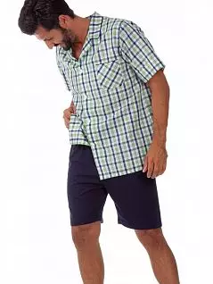 Рубашка на пуговицах по бокам небольшие закругленные разрезы из хлопка и льна и шорты сине-зеленого цвета PJ-B&B_U511