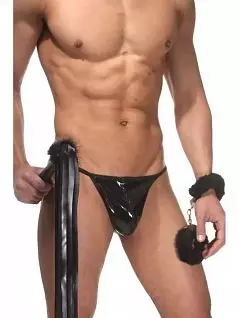 Мужской костюм 3 в 1 (стринги, наручники, плетка) черного цвета LaBlinque RTLB5041