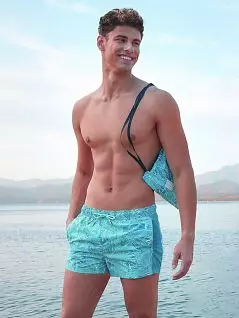 Мужские укороченные пляжные шорты в спортивном стиле с тропическим принтом в изумрудно-бирюзовых тонах Doreanse 3836c07