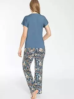 Пижама из тонкой вискозы (однотонная футболка и брюки с цветочным принтом) LTC840-489 CONFEO индиго