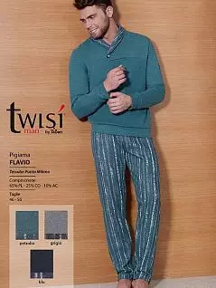 Трикотажный костюм из кофты со свободным воротом в тон брюк цвета морской волны Twisi PJ-Twisi_Flavio
