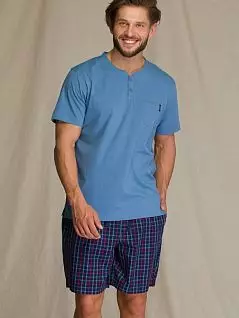 Мягкая пижама ( футболка с нагрудным карманом и клетчатые шорты с карманами) KEY BT-223 A21 т. Синий + синий распродажа