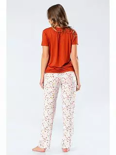 Легкая пижама из футболки с V-образным вырезом горловины и брюк на комфортной резинке LT3334 Turen кирпичный
