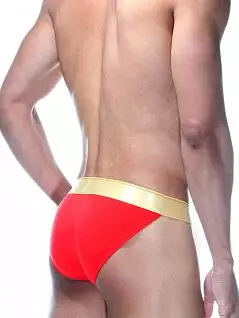 Яркие трусы танга с золотистой резинкой на поясе и логотипом ярко- красного цвета Oboy 6942c06