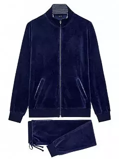 Роскошная мужская велюровая пижама (верх с двумя вшивными карманами по бокам и застёжкой-молнией на всю длину и брюки на манжетах) тёмно-синего цвета HOM 40c2268c00RA
