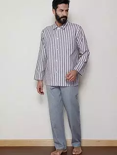 Элегантная пижама из брюк однотонных и рубашки с рисунком в полоску из ткани похожая на фланель PJ-B&B_U7532 распродажа