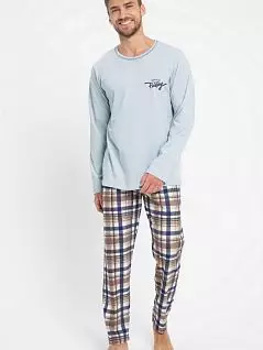Стильная пижама (лонгслив однотонный с надписью и брюки в клетку) Taro BT-PARKER Голубой