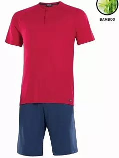Мужская пижама (Футболка с О-образным воротом с планкой на пуговицах и шорты) IMPETUS EV26503красный с синим
