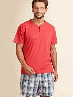Мужская пижама ( футболка с планкой на пуговицах и шорты в клетку) KEY BT-410 A22 Красный + серый
