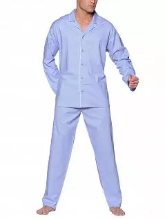 Элегантная пижама из рубашки на 5-и пуговицах с длинным рукавом и отложным воротником декорированным тонким белым кантом и брюк с гульфиком на пуговицах голубого цвета HOM 04761cB5