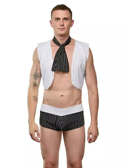 Эротический костюм  "Синдбад" 3 в 1: черные хипсы с вырезом, жилетка и галстук черно-белого цвета LaBlinque RTLB15737