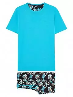 Трикотажная пижама (футболка с коротким рукавом и шорты с принтом прямого покроя) черно-бирюзового цвета HOM 40c5738c00PF