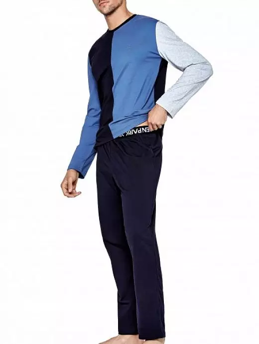 Современная пижама (Футболка с длинными рукавами и брюки на резинке с двусторонним вышитым белым логотипом) серо-голубого цвета Eden Park FM-E503G54-K78