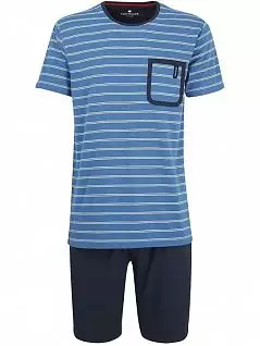 Мужская пижама из хлопка и микрополиэстра (футболка в полоску и шорты из 100% хлопка) темно-синего цвета Tom Tailor RT71071/5668