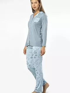 Мягкая пижама из рубашки с длинным рукавом и брюк с узором LT3377 Turen голубой