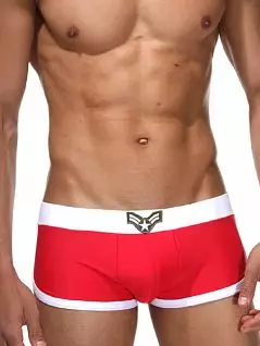 Стильные красные мужские плавки-хипсы в спортивном стиле со стильной нашивкой на пояске Oboy Military B37 7049c06