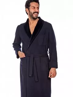 Шикарный мужской халат с бархатным воротником из кашемира и шерсти темно-синего цвета PJ-B&B_Liberia-V