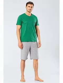 Оригинальная пижама из 100% хлопка из футболки и шорт на мягком поясе резинке LT4132 Turen зеленый с серым