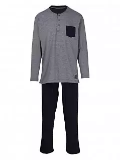 Пижама из футболки с длинными рукавами и однотонных брюк синего цвета Ceceba FM-30632-8435