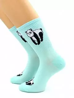 Комфортные носки со спортивной резинкой и принтом "Панда" светло-бирюзового цвета Hobby Line RTнус80159-01-31