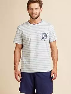 Хлопковая пижама (футболка с морским принтом и шорты свободного кроя KEY BT-370 A22 Бежевый + синий