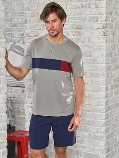 Трикотажная пижама ( футболка с круглым вырезом на пуговицах и шорты) серого цвета LINCLALOR FM-71348-0563
