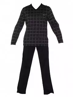 Тонкая трикотажная мужская пижама из чистого хлопка чёрного цвета в крупную тёмно-фиолетовую клетку HOM 04628cK9