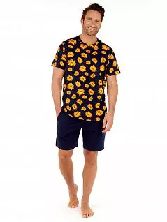 Пижама (трикотажная футболка с коротким рукавом и круглым вырезом горловины с принтом из ярко-оранжевых подсолнухов и однотонные шорты) HOM 40c2181cP0RA