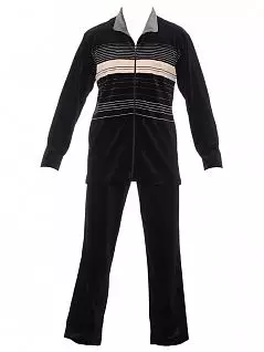 Велюровая пижама из куртки чёрного цвета с горизонтальными серо-кремовыми полосками на молнии и однотонных велюровых брюк HOM 04634cZ9