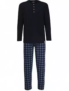 Мягкая пижама из футболки с планкой на пуговицах и штанов в клетку темно-синего цвета Tom Tailor RT071095/5608