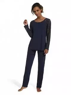 Шелковистая пижама (кофта с кружевными манжетами и штаны прямого кроя) CORNETTE MW116138темно-синий