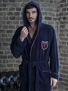 Спортивный мужской бамбуковый халат синего цвета с капюшоном Five Wien FW1017 Синий