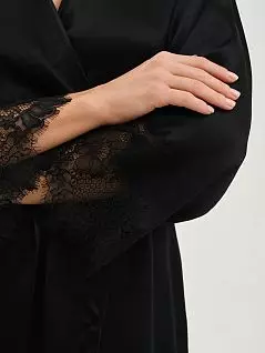 Шелковый халат с кружевным декором в тон на поясе черного цвета Oryades 14S0623c723