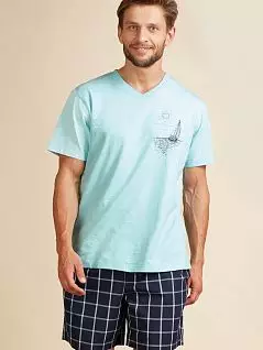 Мужская пижама (футболка украшена принтом в морском стиле и шорты в клетку) KEY BT-218 A22 т. Синий + бирюзовый