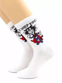Веселые носки с надписью "Супер Котэ" белого цвета Hobby Line RTнус80159-26-17