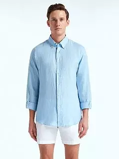 Мужская льняная рубашка с манжетами на пуговицах голубого цвета MARTINc416
