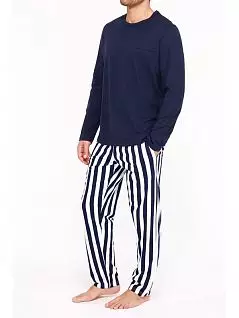 Мужская пижама с декоративной планочкой на груди имитирующая вшивной кармашек, и вышивка в виде стилизованной латинской буквы «H» и брюки в широкую сине-белую полоску темно-синего цвета HOM 40c1862cPN07 распродажа