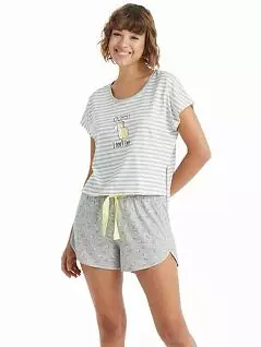 Оригинальная пижама (футболка в полоску с принтом и шорты на шнурке) LTBS60266 BlackSpade серый меланж